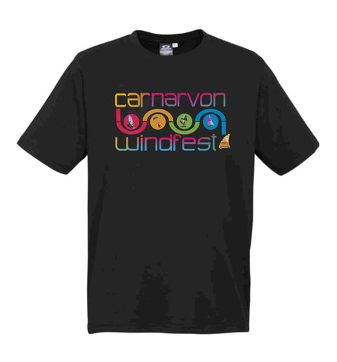 flat lay black short sleeve t shirts with the Carnarvon Windfest Slalom graphic design Tee Shirt. 