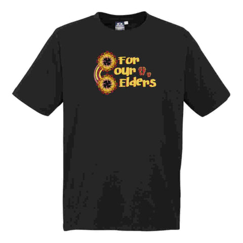 Flatlay black short sleeve t shirts with graphic design with NAIDOC Theme For Our Elders with footprints