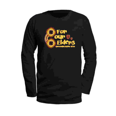 Flatlay black long sleeve t shirts with graphic design with NAIDOC Theme For Our Elders with footprints
