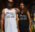 Male and Female wearing singlet tank T Shirts.  She is in black with a graphic in white.  He is wearing white with the graphic in black. Think Flexibly repeated in 4 lines written in all directions..