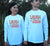Male and Female wearing white Long Sleeve T Shirt. Graphic is stacked words in red with black outline. The text reads Laugh a Little.