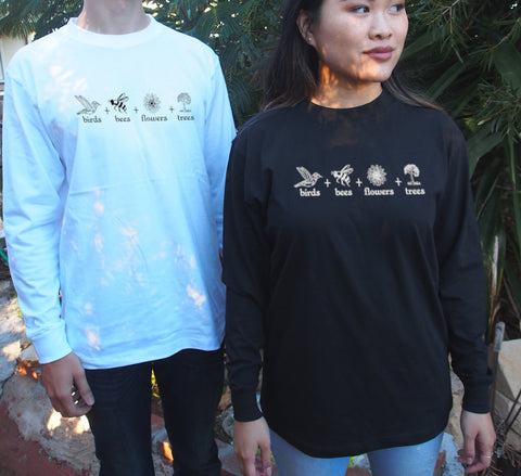Male and Female wearing a White or Black Long Sleeve T Shirt. The design is in either black or white. The graphics are 4 outline images with words underneath and a plus sign in between. The images are of a bird, bee, flower and tree.