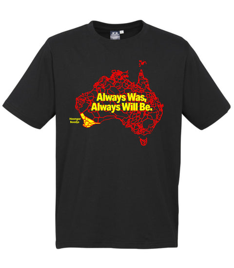 Long Sleeve black t-shirt with a design is a map of Australia with the outlines of tribal boundaries.  Over the map in yellow are the words Always Was, Always will be.  This design highlights Yamatji Country the tribal boundaries are filled in with yellow and the words Noongar Boodja  sits outside the map outline.