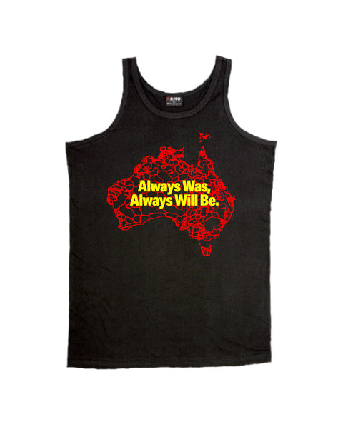 Singlet black t-shirt with a design is a map of Australia with the outlines of tribal boundaries.  Over the map in yellow are the words Always Was, Always will be