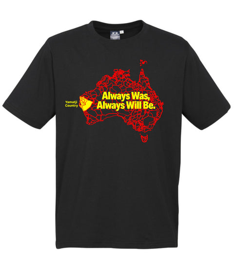 Short Sleeve black t-shirt with a design is a map of Australia with the outlines of tribal boundaries. Over the map in yellow are the words Always Was, Always will be. This design highlights Yamatji Country the tribal boundaries are filled in with yellow and the words Ymatji Country sits outside the map outline.