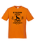 Orange Short Sleeve T Shirt with design. The graphic is in black colour.  There is a circle outline with a silhouette of a dog standing on a rocky outcrop.  Around the circle the text says - Be the person your dog thinks you are, Nurture by Nature.  On either side of the circle there is text that is split - it says 19-69, Best Mate, Wild Life