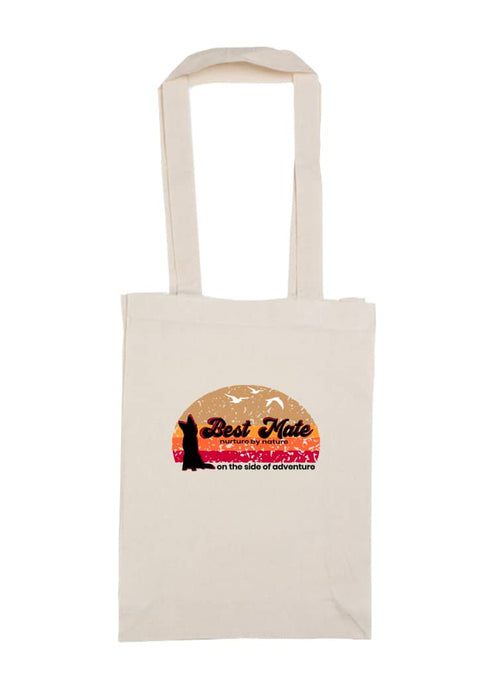 Calico Reuseable bag with long handle with graphic design of a silhouette of a kelpie dog with the text Best Mate on the Side of Adventure