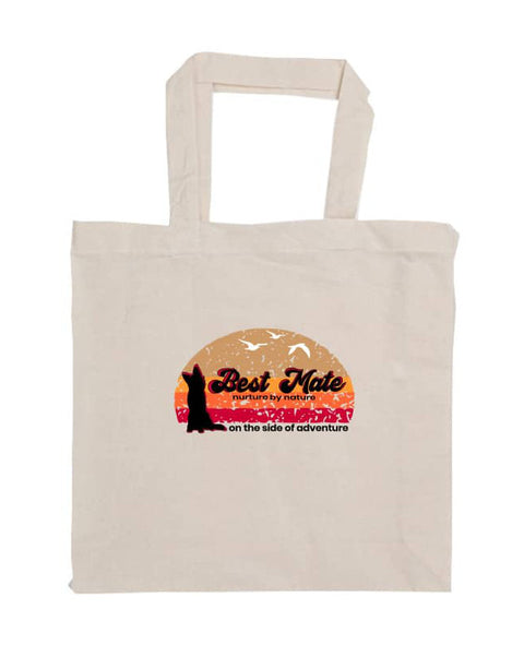 Shopper style calico reuseable bag with graphic design of a silhouette of a kelpie dog with the text Best Mate on the Side of Adventure