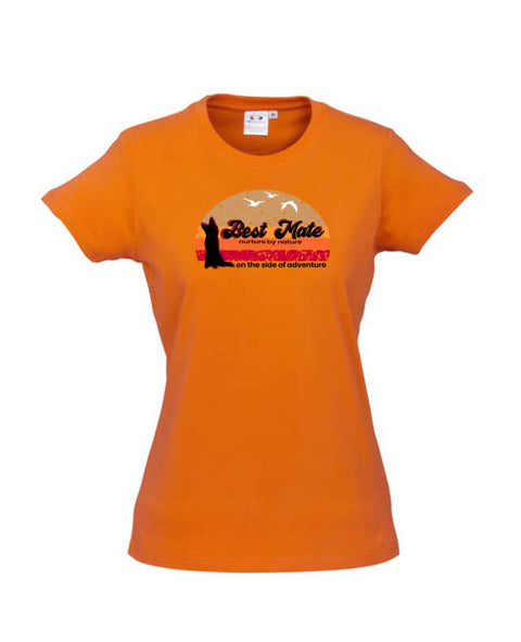 Orange Short Sleeve Fitted t shirt with graphic design of a silhouette of a kelpie dog with the text Best Mate on the Side of Adventure