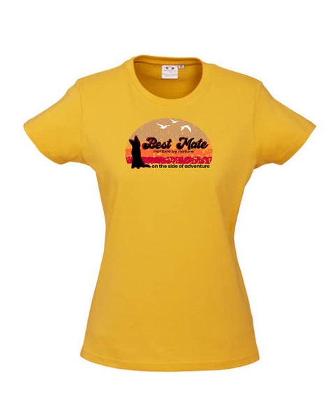 Yellow Short Sleeve Fitted t shirt with graphic design of a silhouette of a kelpie dog with the text Best Mate on the Side of Adventure