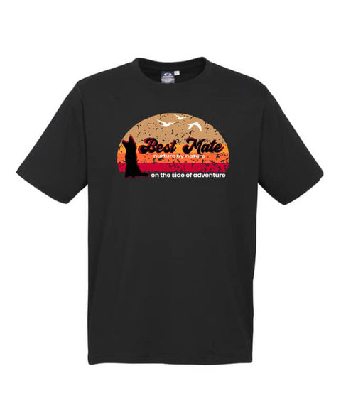 Black Short Sleeve kids t shirt with graphic design of a silhouette of a kelpie dog with the text Best Mate on the Side of Adventure