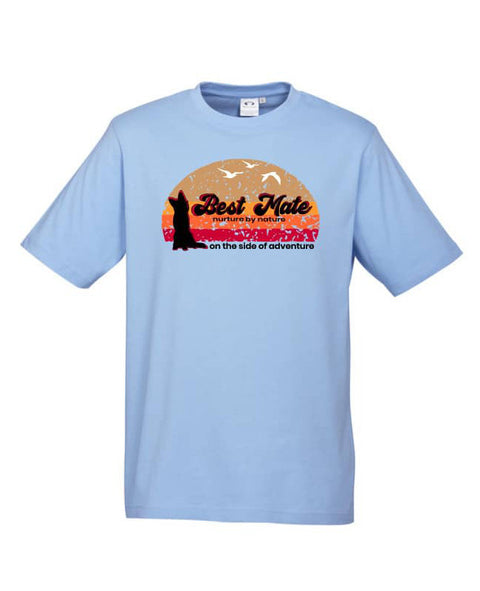 Blue Short Sleeve kids t shirt with graphic design of a silhouette of a kelpie dog with the text Best Mate on the Side of Adventure