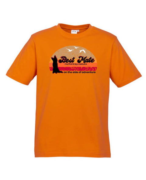 Orange Short Sleeve kids t shirt with graphic design of a silhouette of a kelpie dog with the text Best Mate on the Side of Adventure