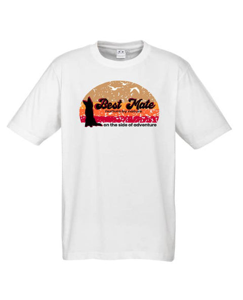 White Short Sleeve kids t shirt with graphic design of a silhouette of a kelpie dog with the text Best Mate on the Side of Adventure