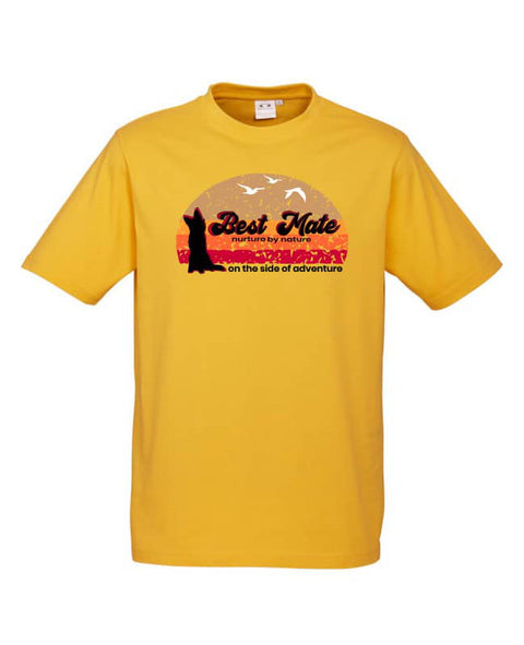 Yellow Short Sleeve kids t shirt with graphic design of a silhouette of a kelpie dog with the text Best Mate on the Side of Adventure