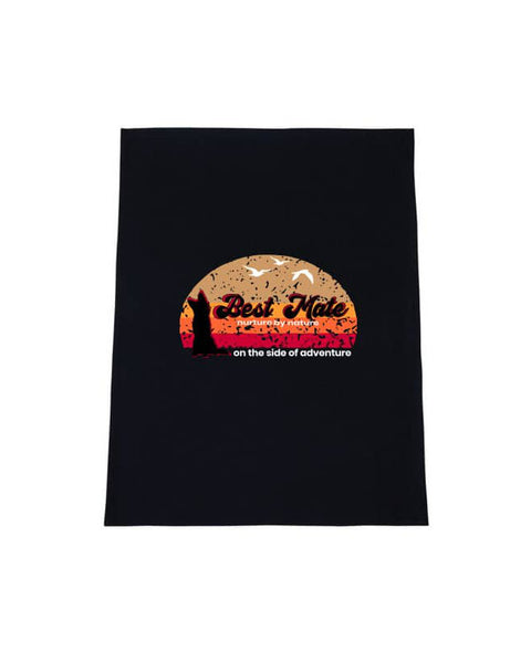Black Tea Towel with graphic design of a silhouette of a kelpie dog with the text Best Mate on the Side of Adventure
