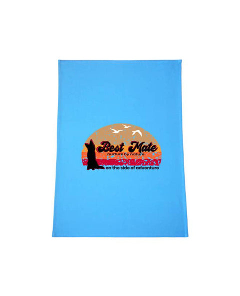 Light Blue Tea Towel with graphic design of a silhouette of a kelpie dog with the text Best Mate on the Side of Adventure