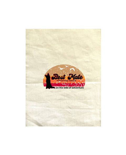 Natural Colour Tea Towel with graphic design of a silhouette of a kelpie dog with the text Best Mate on the Side of Adventure