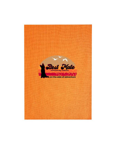 Orange Tea Towel with graphic design of a silhouette of a kelpie dog with the text Best Mate on the Side of Adventure