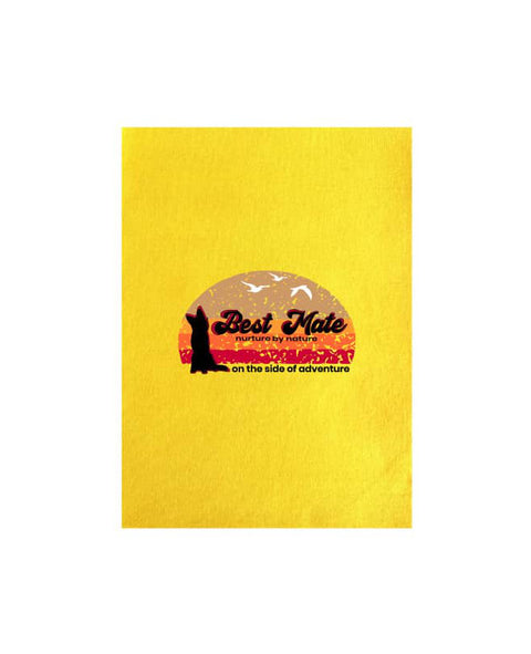 Yellow Tea Towel with graphic design of a silhouette of a kelpie dog with the text Best Mate on the Side of Adventure