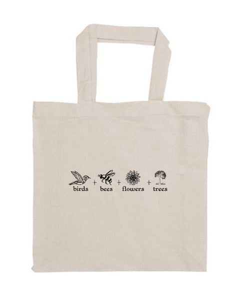 Short Handle Shopper Style Calico Bag, natural colour.. The design is in black. The graphics are 4 outline images with words underneath and a plus sign in between. The images are of a bird, bee, flower and tree.