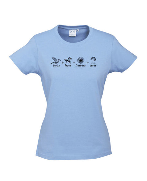 Fitted women's Light Blue Short Sleeve T Shirt. The design is in black. The graphics are 4 outline images with words underneath and a plus sign in between. The images are of a bird, bee, flower and tree.