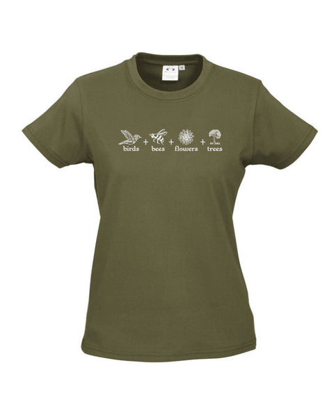 Fitted women's Khaki Short Sleeve T Shirt. The design is in white. The graphics are 4 outline images with words underneath and a plus sign in between. The images are of a bird, bee, flower and tree.