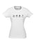 Fitted women's White Short Sleeve T Shirt. The design is in black. The graphics are 4 outline images with words underneath and a plus sign in between. The images are of a bird, bee, flower and tree.