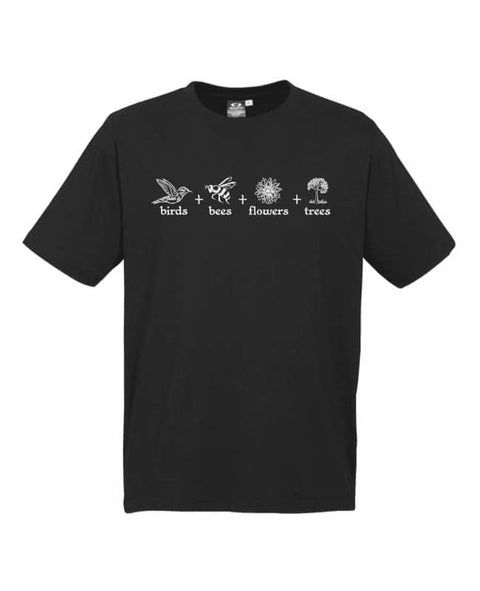 Black Short Sleeve T Shirt. The design is in black. The graphics are 4 outline images with words underneath and a plus sign in between. The images are of a bird, bee, flower and tree.