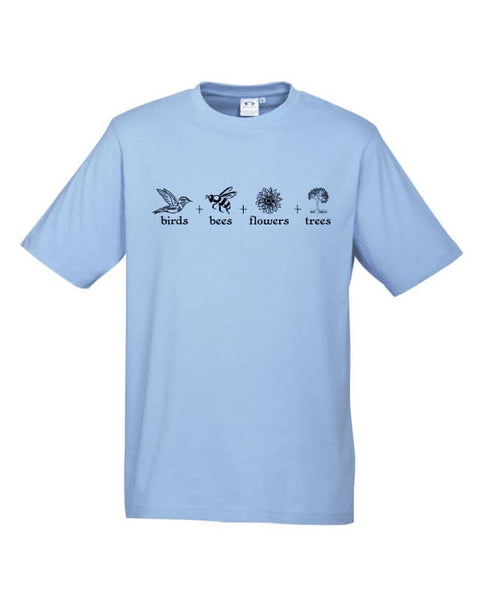 Light Blue Short Sleeve T Shirt. The design is in black. The graphics are 4 outline images with words underneath and a plus sign in between. The images are of a bird, bee, flower and tree.