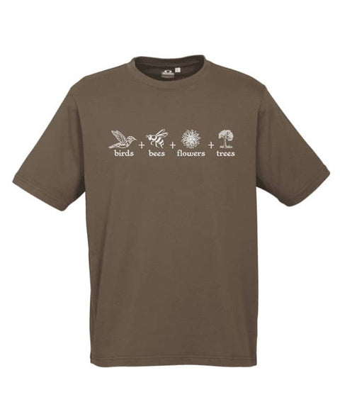 Khaki Short Sleeve T Shirt. The design is in black. The graphics are 4 outline images with words underneath and a plus sign in between. The images are of a bird, bee, flower and tree.