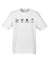 White Short Sleeve T Shirt. The design is in black. The graphics are 4 outline images with words underneath and a plus sign in between. The images are of a bird, bee, flower and tree.