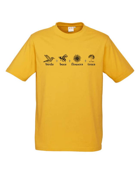 Yellow Short Sleeve T Shirt. The design is in black. The graphics are 4 outline images with words underneath and a plus sign in between. The images are of a bird, bee, flower and tree.