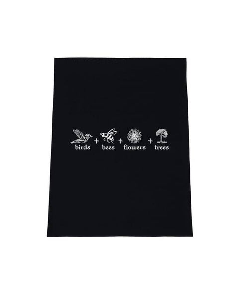 Black colour Tea Towel. The design is in black. The graphics are 4 outline images with words underneath and a plus sign in between. The images are of a bird, bee, flower and tree.
