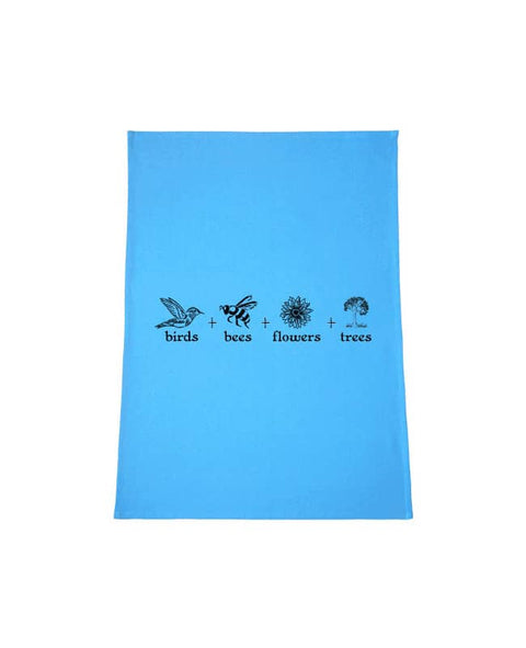 Light Blue colour Tea Towel. The design is in black. The graphics are 4 outline images with words underneath and a plus sign in between. The images are of a bird, bee, flower and tree.
