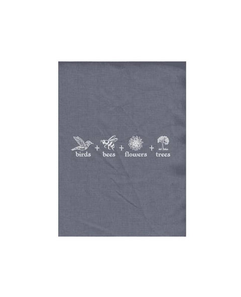 Grey colour Tea Towel. The design is in black. The graphics are 4 outline images with words underneath and a plus sign in between. The images are of a bird, bee, flower and tree.