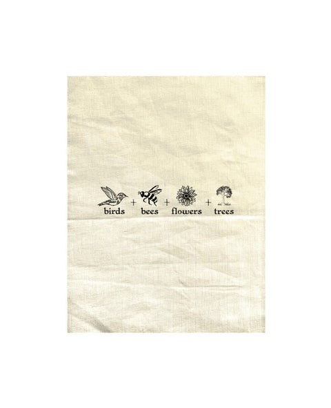 Natural colour Tea Towel. The design is in black. The graphics are 4 outline images with words underneath and a plus sign in between. The images are of a bird, bee, flower and tree.