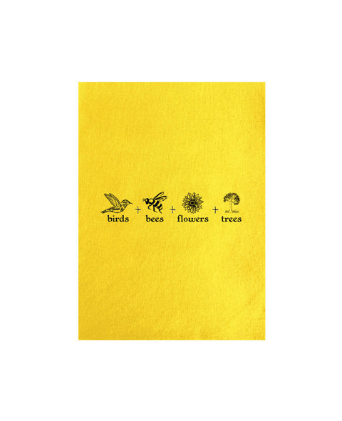 Yellow colour Tea Towel. The design is in black. The graphics are 4 outline images with words underneath and a plus sign in between. The images are of a bird, bee, flower and tree.