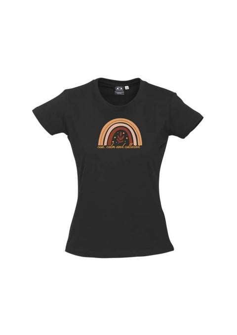 Black  fitted Short Sleeve T Shirt.  Graphic is a rainbow with a leaf with the statement, cool, calm and collected.