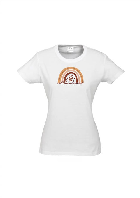 White fitted Short Sleeve T Shirt.  Graphic is a rainbow with a leaf with the statement, cool, calm and collected.