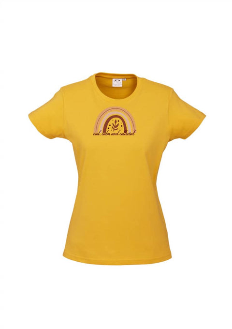 Golden Yellow fitted Short Sleeve T Shirt.  Graphic is a rainbow with a leaf with the statement, cool, calm and collected.