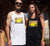 Singlet tank style T Shirt. Male in white and a female in black.  Graphic of a yellow sunset with birds, a tree and a dog in silhouette. Text reads Sunshine of My Life, Best Mate