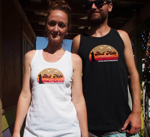 Male and Female wearing singlet tank t shirt with graphic design of a silhouette of a kelpie dog with the text Best Mate on the Side of Adventure