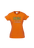 Orange fitted short sleeve t shirt. Graphic is stacked words in green with purple with a black outline. The text reads Laugh a Little.