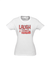 White fitted short sleeve t shirt. Graphic is stacked words in red with black outline. The text reads Laugh a Little.