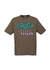 Khaki Short Sleeve T Shirt. Graphic is stacked words in blue and purple with black outline. The text reads Laugh a Little.