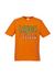 Orange Short Sleeve T Shirt. Graphic is stacked words in pale green and pale pink with black outline. The text reads Laugh a Little.
