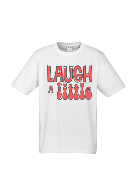 White Short Sleeve T Shirt. Graphic is stacked words in red with black outline. The text reads Laugh a Little.