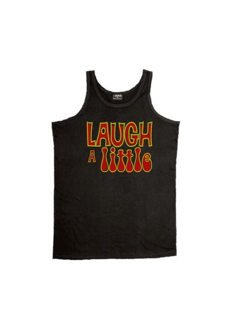 Black Singlet T Shirt. Graphic is stacked words in red with yellow outline. The text reads Laugh a Little.