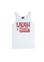 White Singlet T Shirt. Graphic is stacked words in red with black outline. The text reads Laugh a Little.
